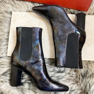 Donald J Pliner Laila Booties Black Patent Oil Slick Leather Chunky Heel Stretch